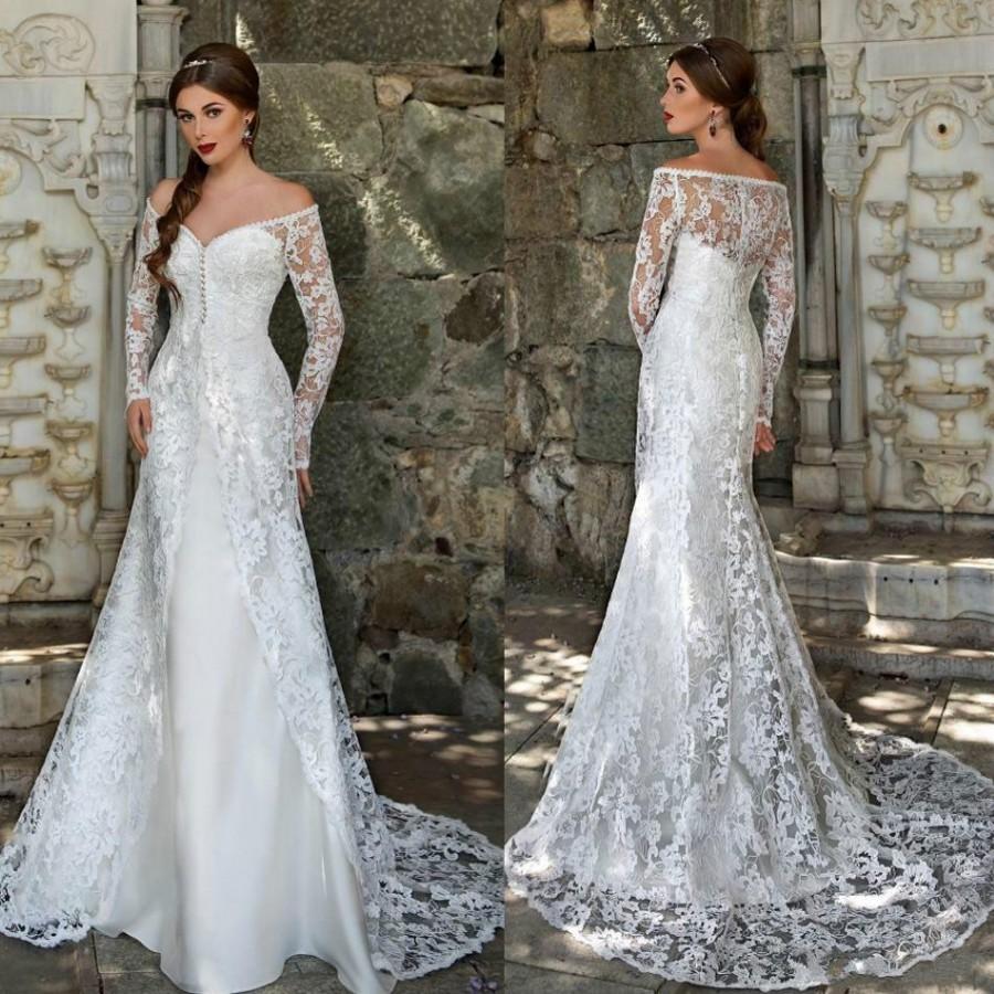 Mariage - New Arrival 2016 Sheer Satin Wedding Dresses Overskirts Off Shoulder Long Sleeves Full Lace Wedding Gowns Vintage Long Beach Bridal Dress Online with $110.81/Piece on Hjklp88's Store 