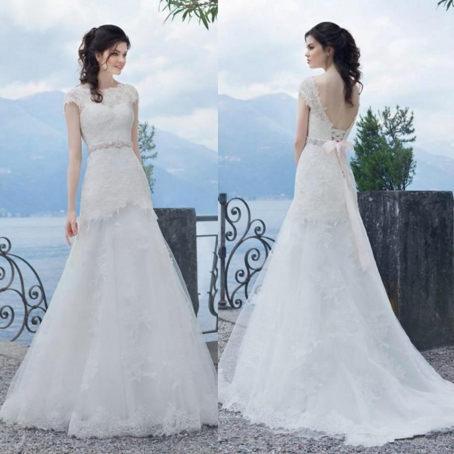 Hochzeit - 2016 Lace Sheer Wedding Dresses Beads Sash Applique Sleeveless Lace Up A-Line Bridal Ball Gowns Sweep Train Vestido De Novia Tulle Online with $104.78/Piece on Hjklp88's Store 