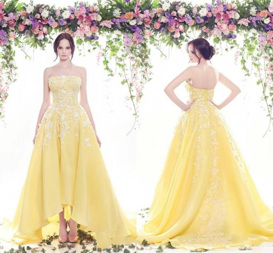 Wedding - Sexy 2016 Arabic Strapless Evening Dresses Formal Yellow Satin Lace Long Celebrity Gowns High Low Cheap Arabic Prom Party Dresses Online with $103.27/Piece on Hjklp88's Store 