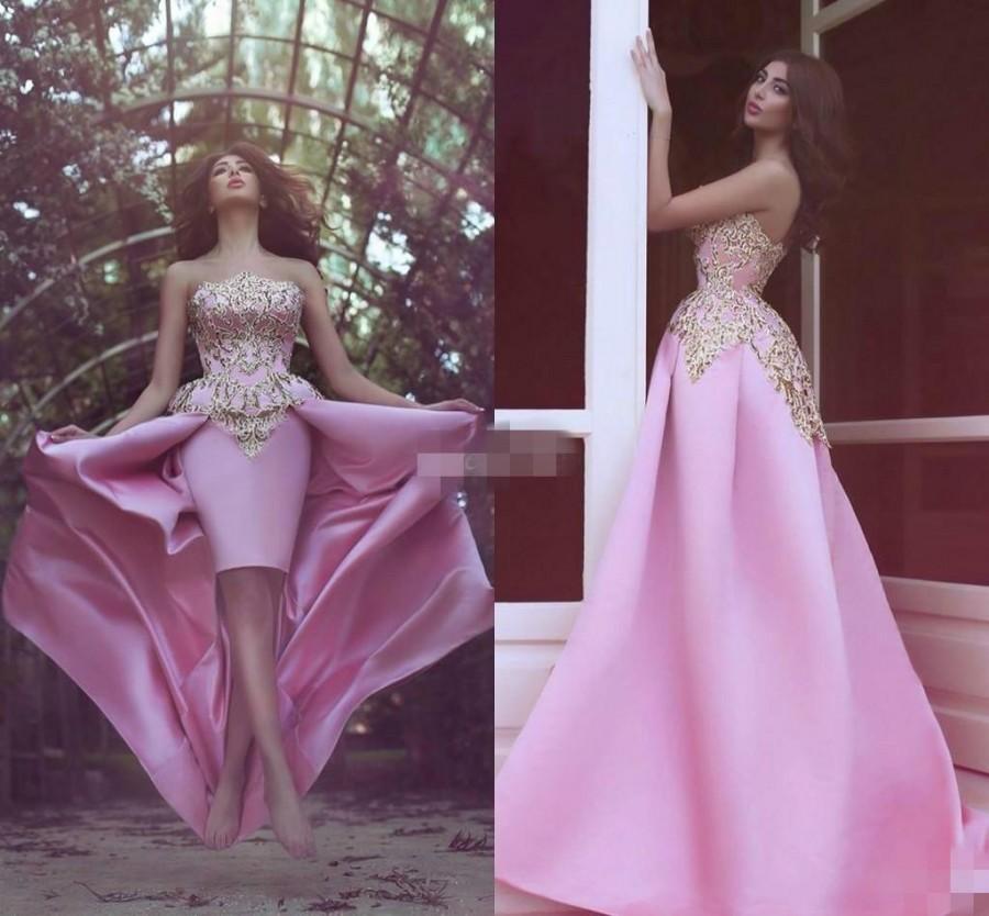 زفاف - New Design High Low Prom Dresses Sheath with Gold Applique Pink Satin Sweetheart 2016 Cheap Homecoming Party Dress Arabic Formal Gowns Online with $97.99/Piece on Hjklp88's Store 