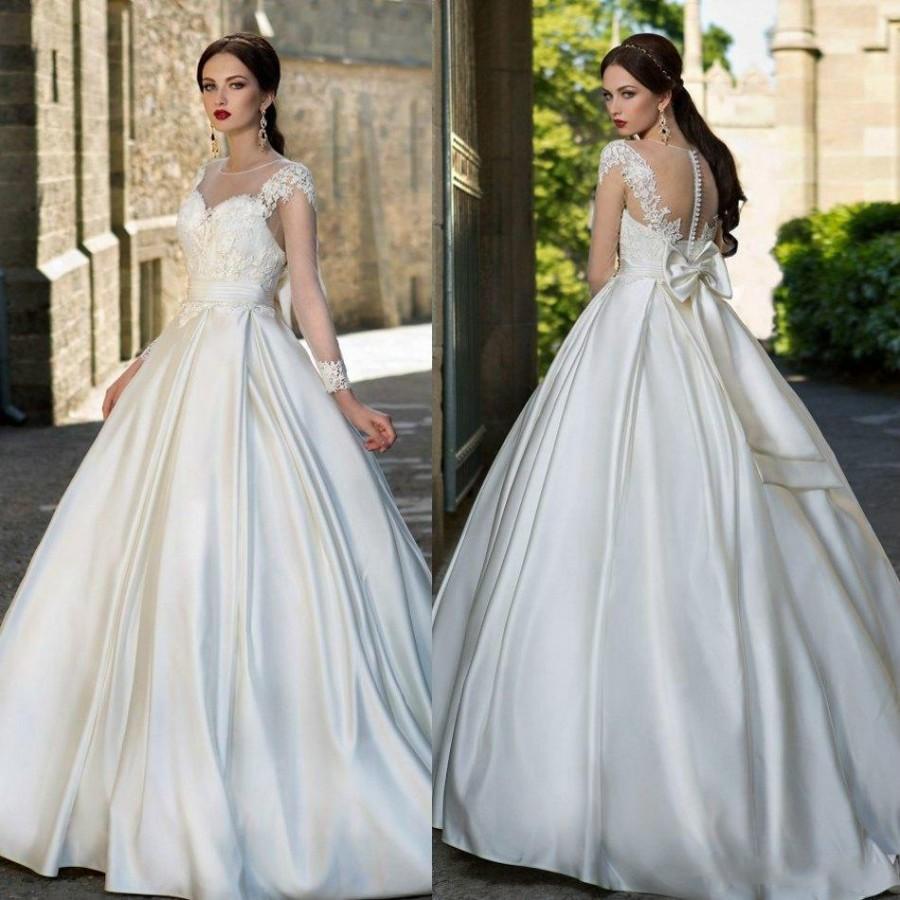Wedding - Charming 2016 Lace Wedding Dresses Satin Sheer Church Chapel Train Illusion Long Sleeve Bow A-Line Bridal Ball Gowns Vestidos De Novia Online with $110.81/Piece on Hjklp88's Store 