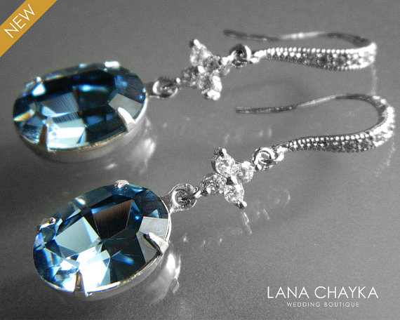 Hochzeit - Blue Oval Crystal CZ Earrings Swarovski Denim Blue Rhinestone Silver Earrings Dark Blue Crystal Dangle Earrings Bridal Bridesmaids Jewelry