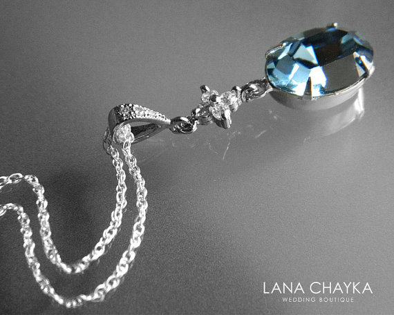 Hochzeit - Blue Oval Crystal CZ Silver Necklace Swarovski Denim Blue Rhinestone Necklace Dark Blue Silver Wedding Necklace Bridal Blue Crystal Jewelry