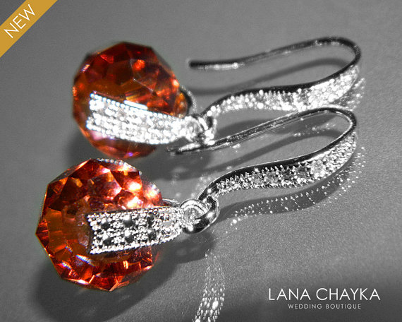 Wedding - Red Magma Crystal Earrings Swarovski Crystal Silver Dangle Earrings Red Magma Wedding Earrings Rondelle Crystal Sparkly Earrings