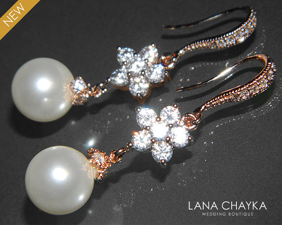 زفاف - White Pearl Rose Gold Bridal Earrings Pearl Drop CZ Rose Gold Earrings Bridal Pearl Earrings Swarovski 10mm Pearl Earrings Wedding Jewelry