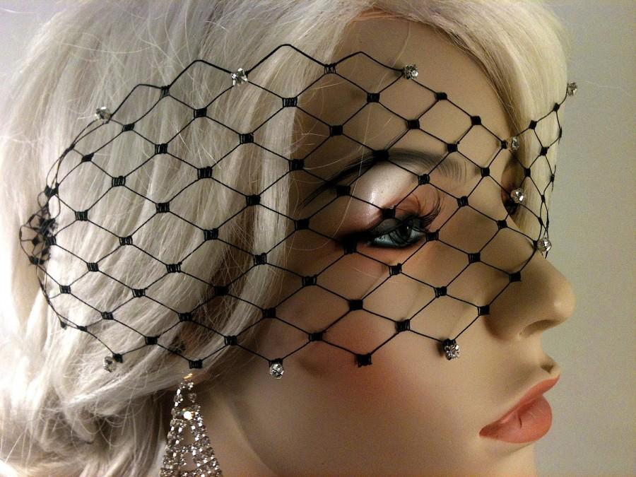 Свадьба - Black, Ivory or White English Net Veil Mask with Rhinestones 3" x 15", Wedding Veil, Bridal Veil