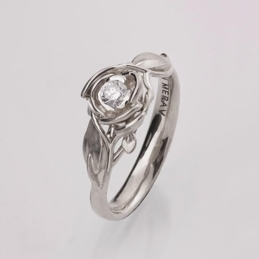 Mariage - Rose Engagement Ring No.3 - 14K White Gold and Diamond engagement ring, engagement ring, leaf ring, flower ring, art nouveau, vintage