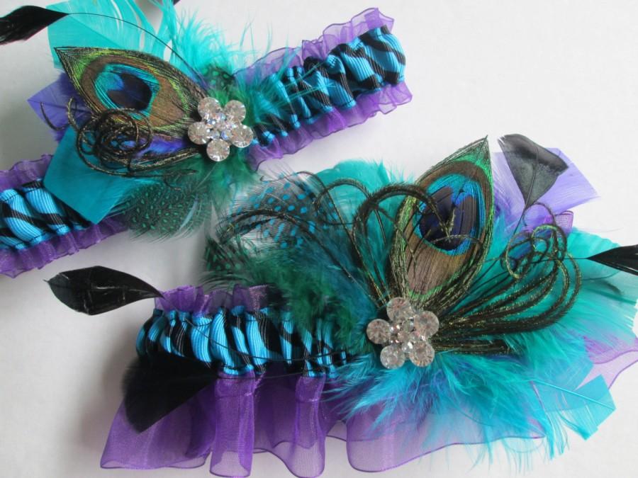 زفاف - Peacock Wedding Garter Set, Purple & Turquoise Garter, Zebra Bridal Garters, Teal Blue and Purple Garter, Aqua Blue and Purple Garter