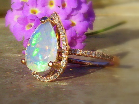 زفاف - CUSTOM ORDER ~ 10kt or 14kt Gold Ethiopian Opal and Diamond Ring