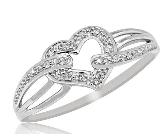 زفاف - 10K White Gold Heart Ring 0.06ctw Diamonds Pave Set 8mm Wide