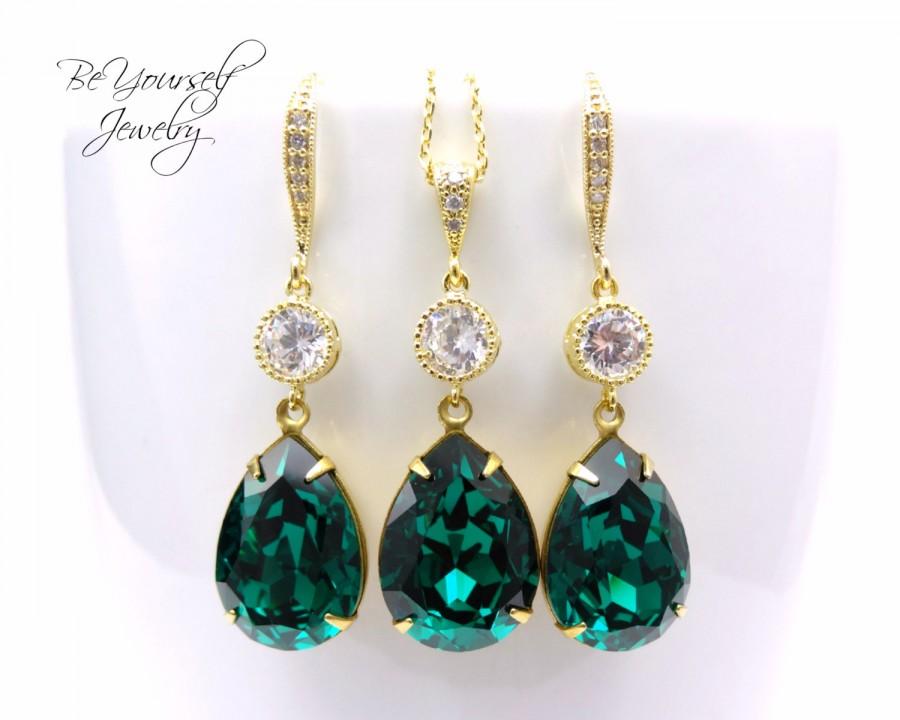 زفاف - Emerald Wedding Jewelry Green Bridal Earrings Bride Necklace Swarovski Crystal Emerald Teardrop Earrings Gold Dark Green Bridesmaid Jewelry