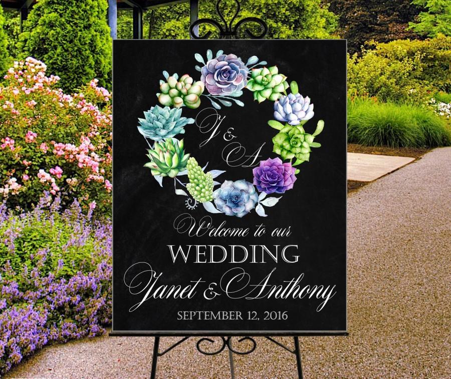 زفاف - Wedding welcome sign printable personalized sign, succulents and chalkboard sign, reception entrance poster, digital, large wedding sign