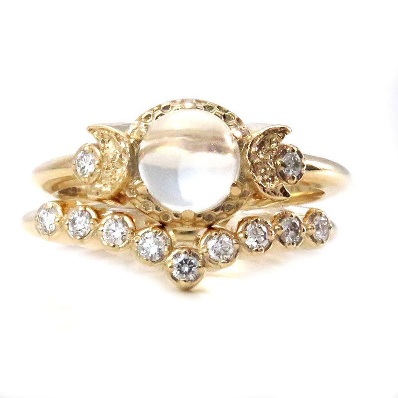 زفاف - Diamond and Moonstone Engagement Ring Set - Moon Phase Wedding Rings - Yellow, Pink or White Gold