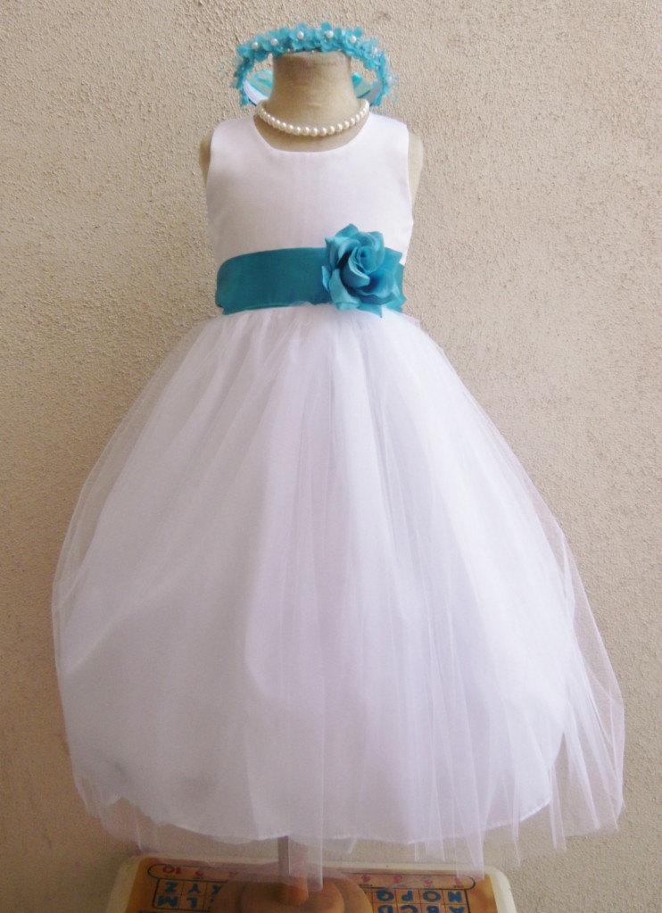Свадьба - Flower Girl Dresses - WHITE with Turquoise (FD0RBP) - Wedding Easter Junior Bridesmaid - For Baby Infant Children Toddler Kids Teen Girls