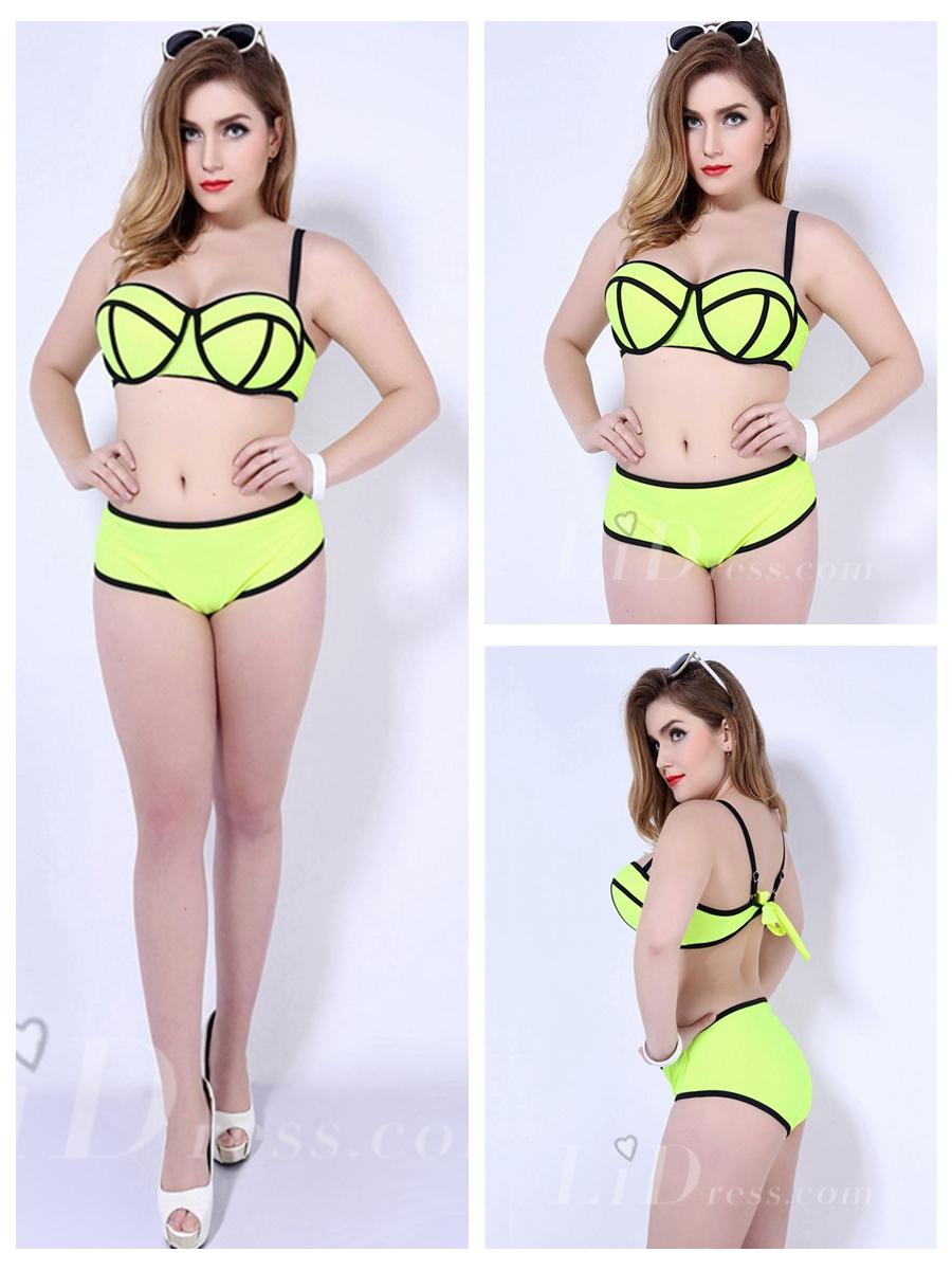 Wedding - Yellow Green Colorful Pieces Print Plus Size Womens Bikini Suit Lidyy1605202040
