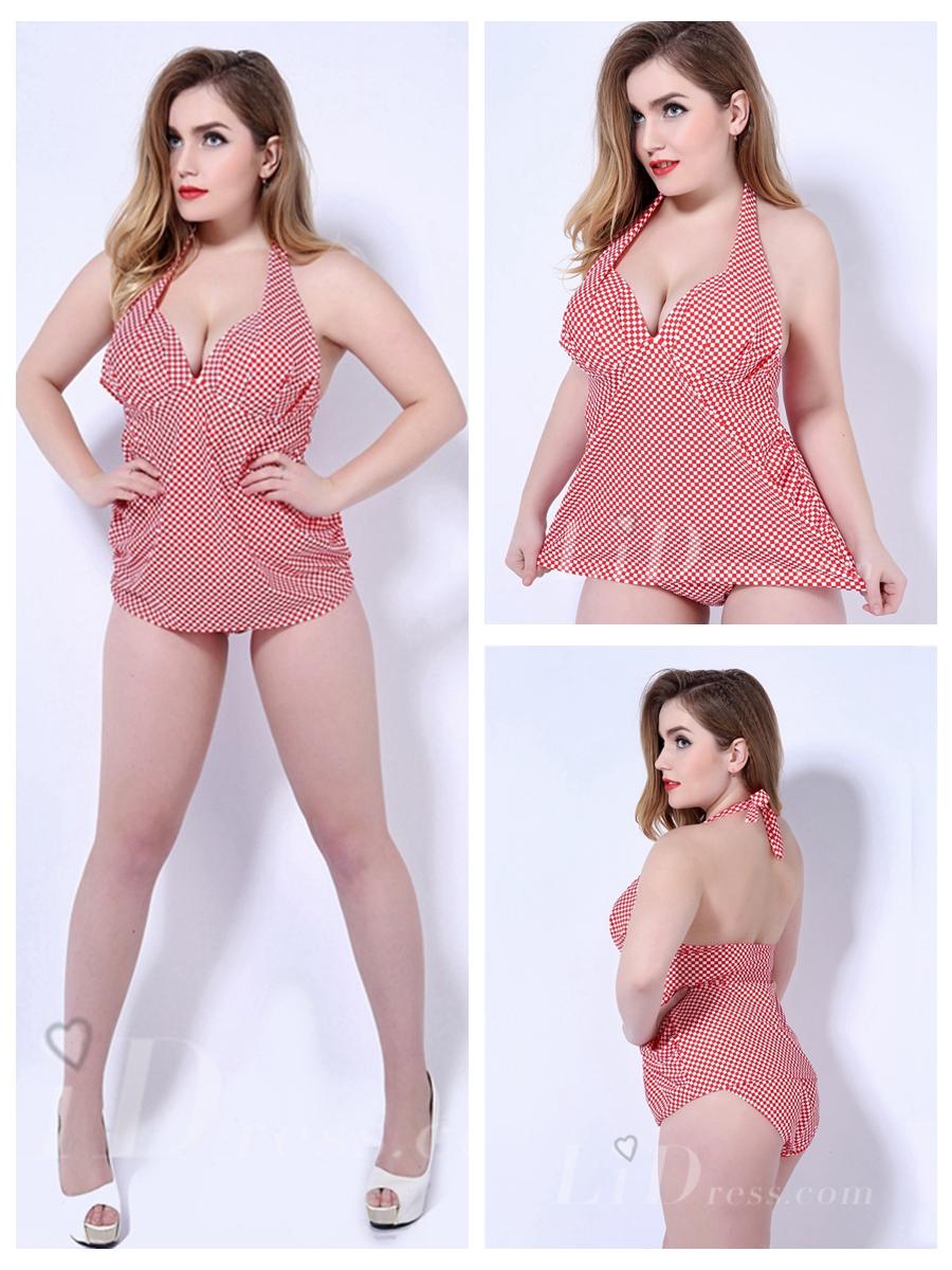 زفاف - Red And White Plaid Pattern Print Plus Size One-Piece Womens Swimsuit Lidyy1605202018