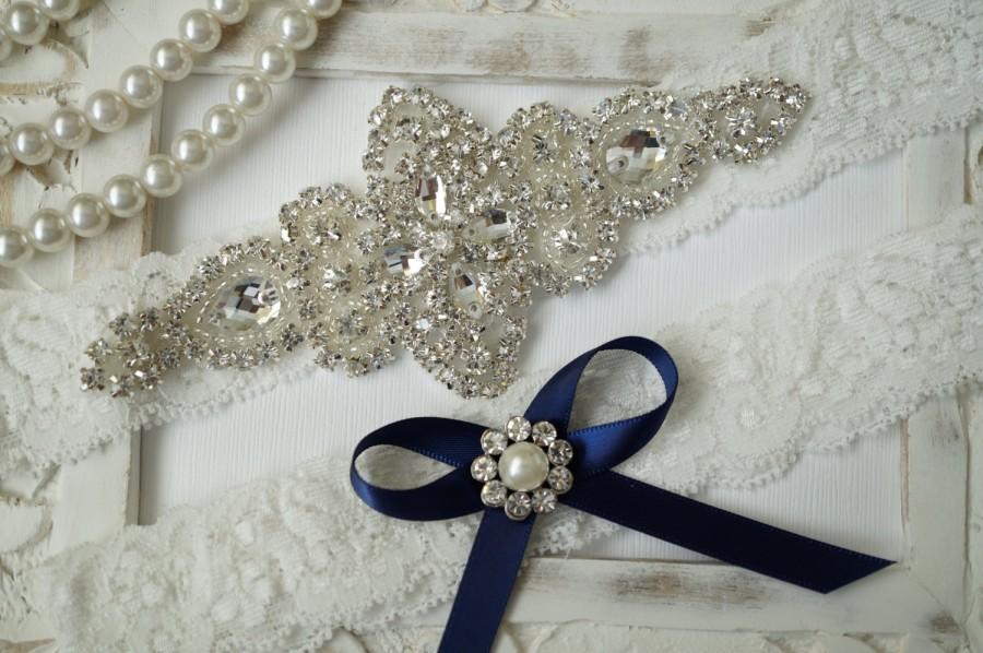 Wedding - Wedding Garter Set, Bridal Garter Set, Vintage Wedding, Ivory Lace Garter, Crystal Garter Set, Something Blue - Style 100B