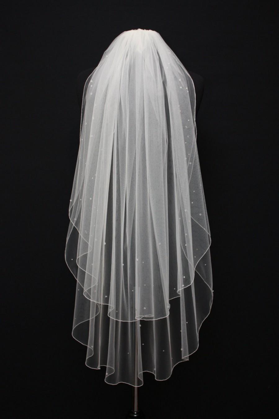 Wedding - Fingertip veil, double tier veil with pencil edge, Swarovski rhinestones and Crystals along edge, serged edge, beaded veil.