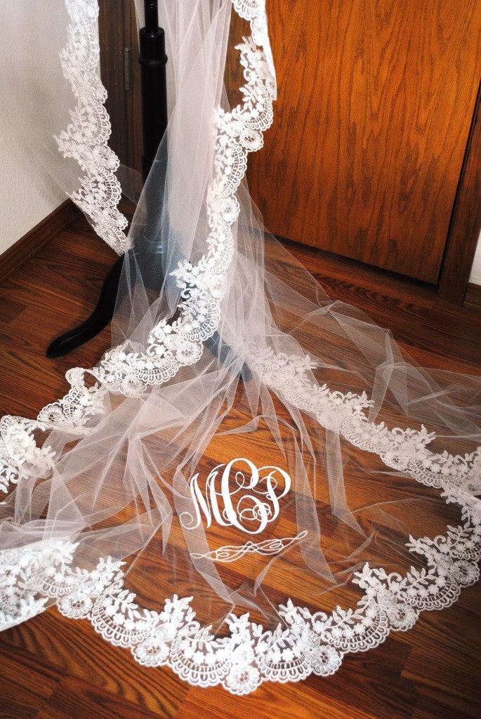 Wedding - Monogrammed Reembroidered Lace edged Cathedral veil