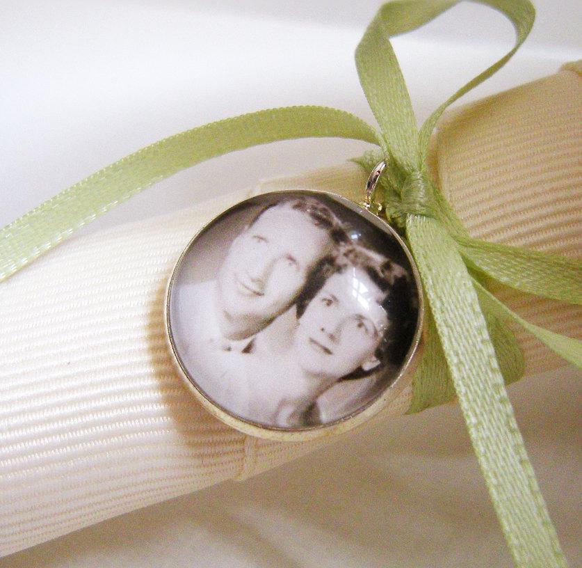 Wedding - Wedding Bouquet Charm Custom Photo Pendant with Ribbon in Silver for the Bride or Bridesmaids - Grandparent Memorial Something Blue