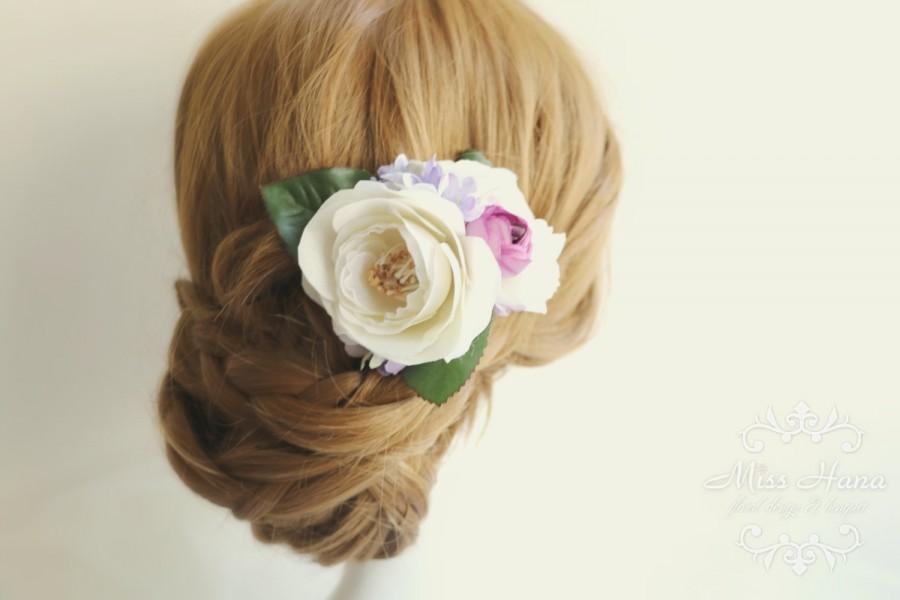 Wedding - Bridal Hair Accessory, white camellia & purple hydrangea , Silk Flower Hair clip, Bridesmaid, Rustic Chic Romantic outdoor wedding woodland