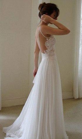 Mariage - Sexy Backless White Lace Long Chiffon Prom Dress Beach Wedding Dress