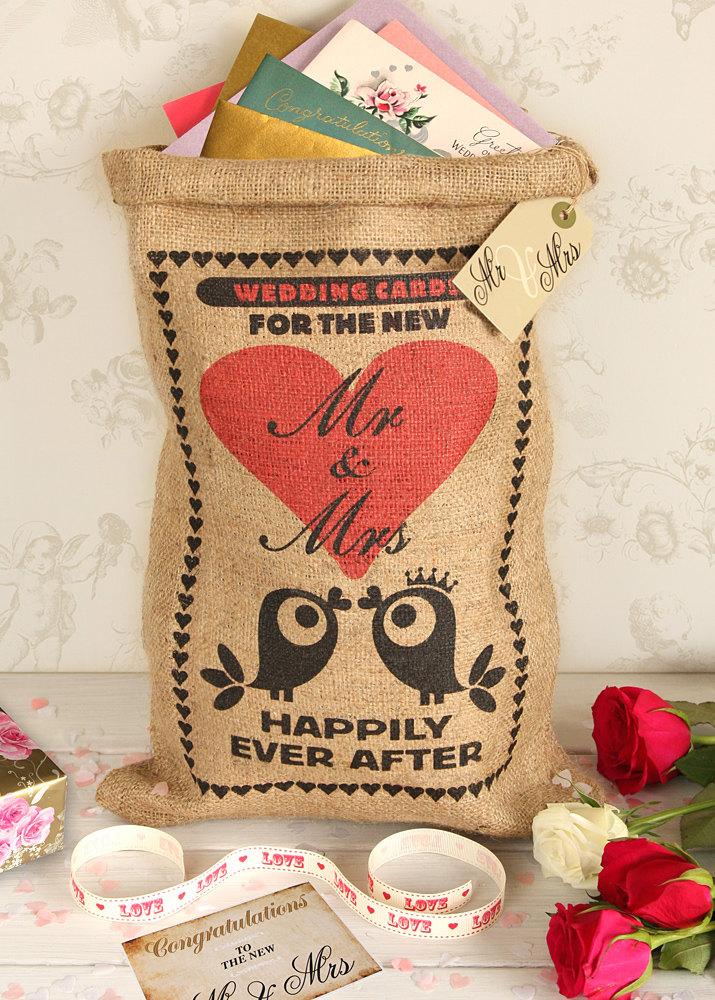 Свадьба - Wedding card box sack, small wedding card holder, love birds design.