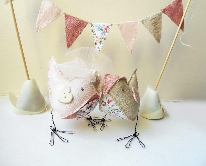 Hochzeit - Wedding cake topper Love Birds Fabric Stuffed Figurines Bride and Groom soft sculptures dusky pink with bunting