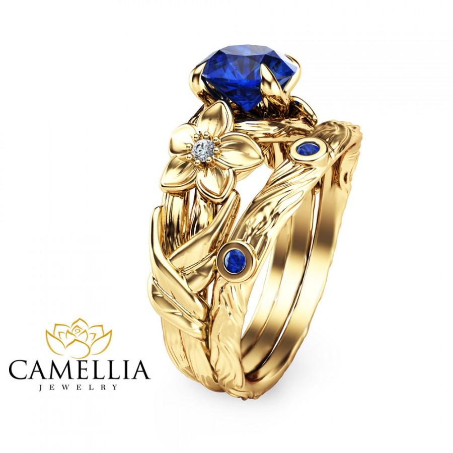 Hochzeit - Blue Sapphire Engagement Ring Set Branch 14K Yellow Gold Unique Sapphire Engagement Set