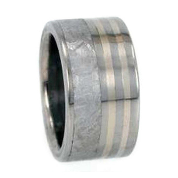 زفاف - Meteorite Ring For Men or Women With 14k White Gold Pinstripes, Titanium Wedding Band