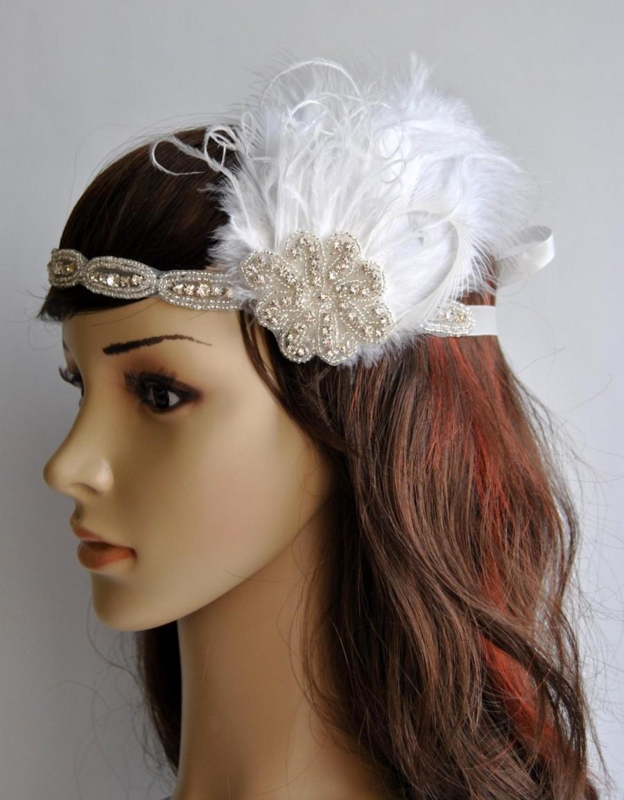 Wedding - Vintage Inspired rhinestone feather headband, Art deco 1920s design,The Great Gatsby,1920s headpiece,1930's, Feather, Crystal headband