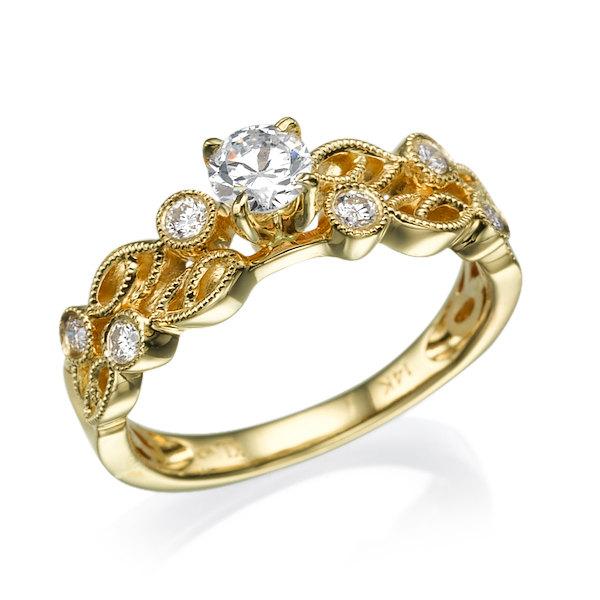 زفاف - Leaves engagement ring, Diamond Ring, Antique Ring, Vintage Ring, Yellow Gold Ring, 14k Ring, Engagement Band, Leaf Ring, Halo Setting Ring