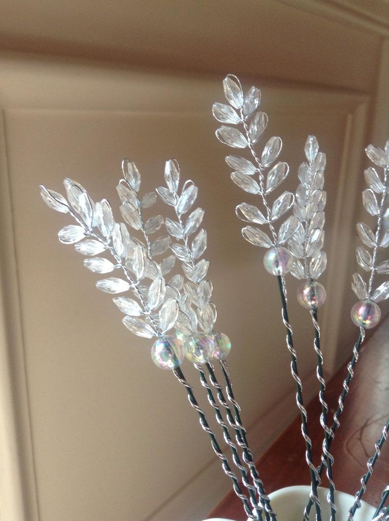 زفاف - Ten Beaded silver tone wire Crystal faceted bead Brooch Bouquet Floral filler stems Lot