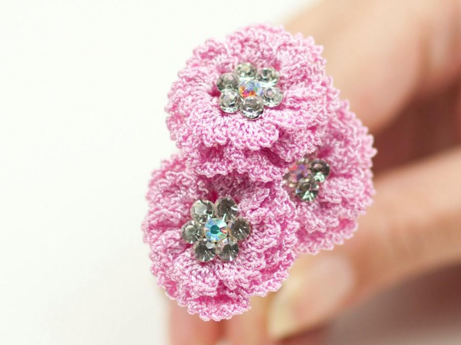 زفاف - Hair Pins-Crochet Pink Flower Hair Pins,Set of 3,Wedding Accessory,Bohemian Wedding, Crystal Hair Piece for Bridesmaid