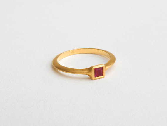 Hochzeit - Minimalist square ruby ring, ruby engagement gold ring, dainty women's 18k gold ring, simple design ring, stack ring for her, Berman Design