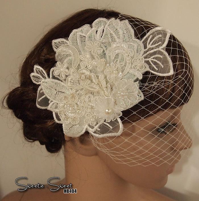 Wedding - Lace Flower Hair Comb, Bridal Veil, Wedding Veil, Bridal Comb, Face Veil, Birdcage Veil, Blusher veil, Gatsby, Head piec