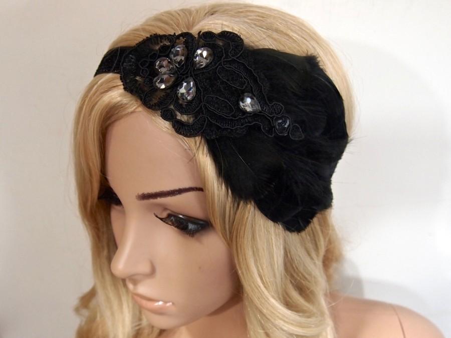 زفاف - Great Gatsby Dress Headpiece 1920s Flapper Headband headbands for 1920s dresses Black feather Vintage Glitter Ribbon