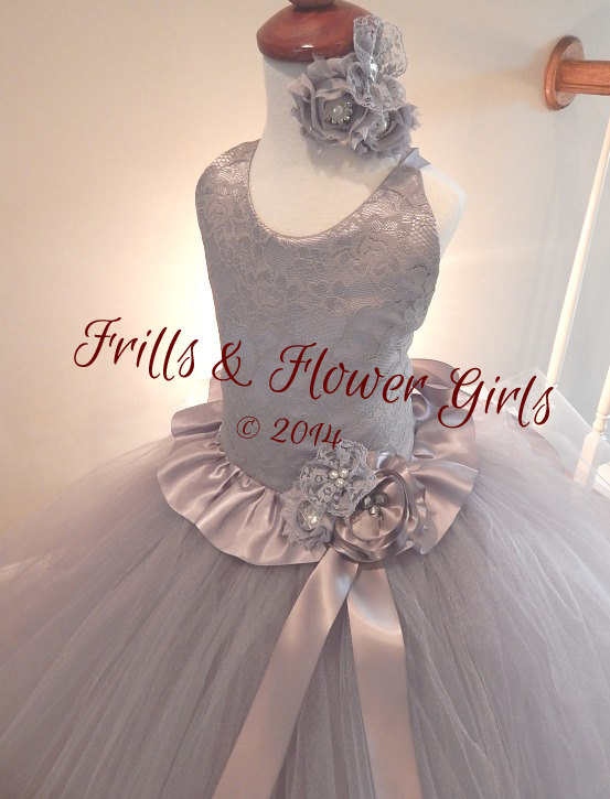 Mariage - Grey Flower Girl Dress or Silver Lace Halter Tutu Dress Flower Girl Dress Sizes 12 Mo up to Girls Size 12