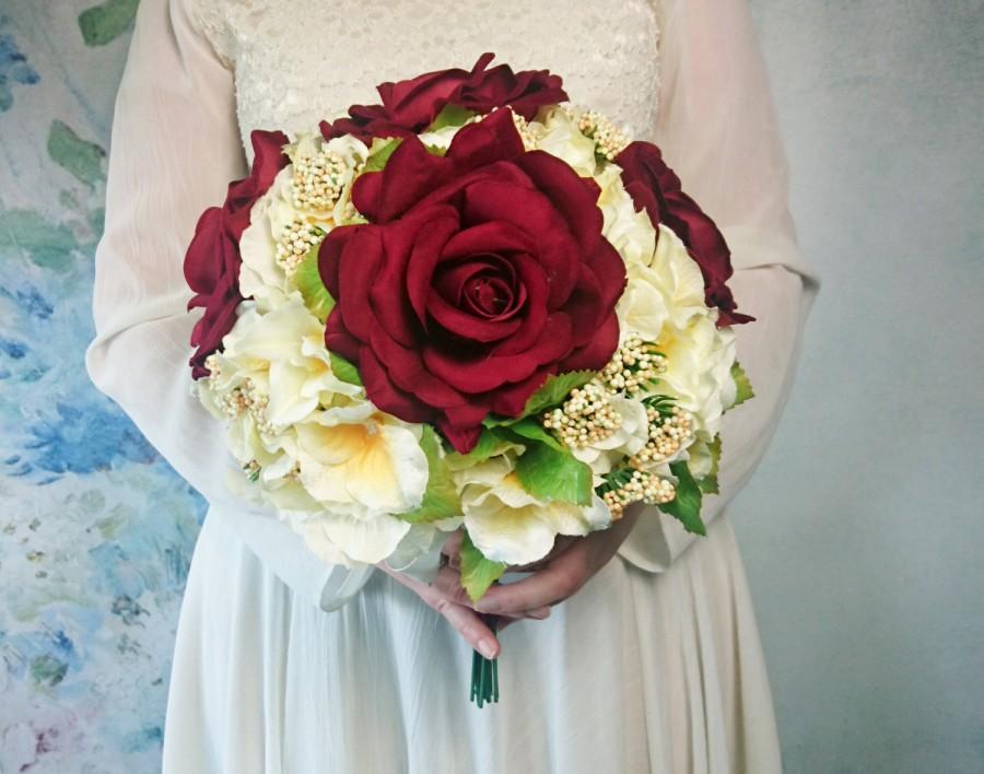 Mariage - Best quality velvet and silk flowers roses hydrangea vintage wedding bouquet cream burgundy Flowers satin ribbon Bride winter elegant
