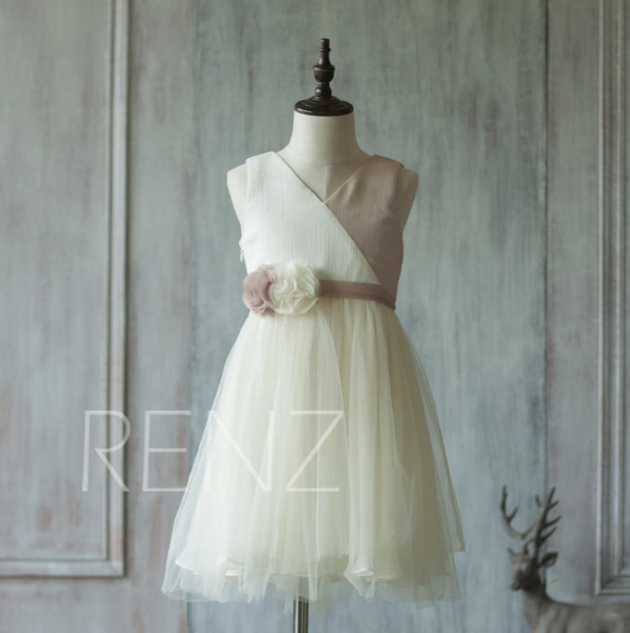 زفاف - 2016 Off White and Khaki Junior Bridesmaid Dress, Contrast Flower Girl Dress, Chiffon and Mesh Beading Dress Rosette dress (LK056)