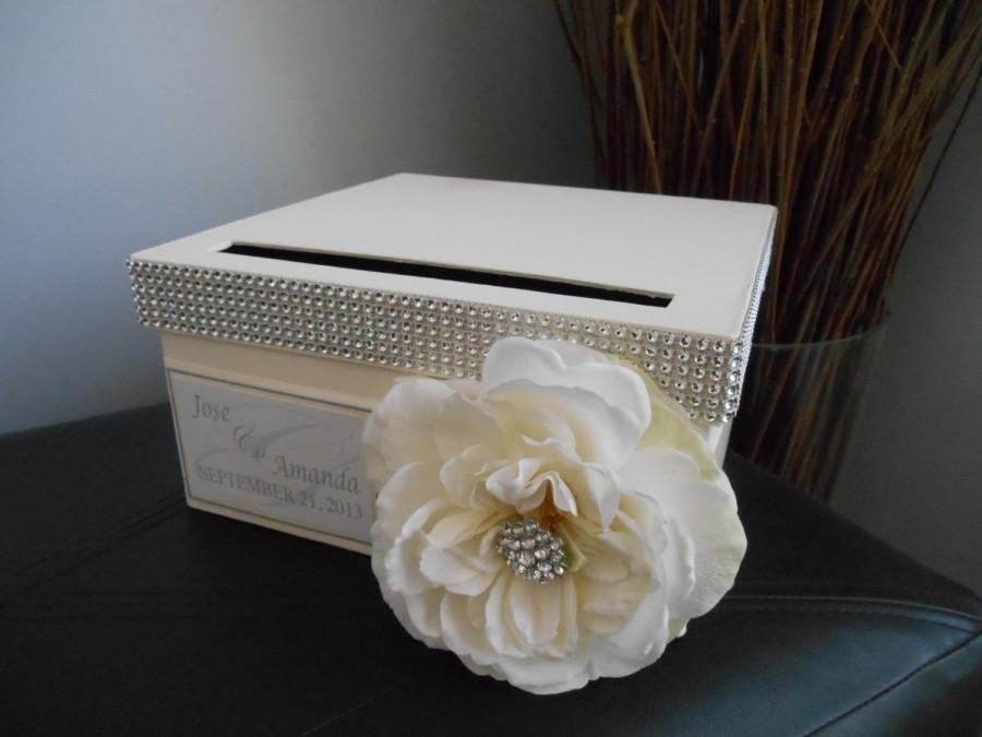 زفاف - Vintage Glam Wedding Card Box Modern with ivory ribbon ivory rose with rhinestones personalized tag You Customize Colors and Flowers