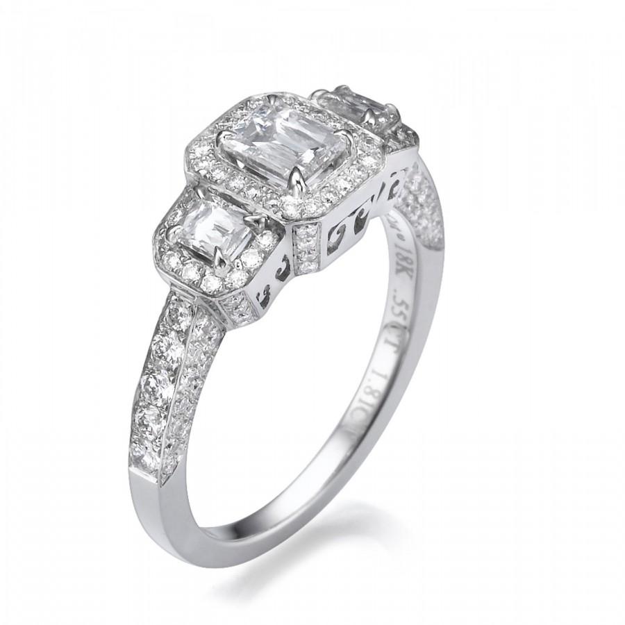 Mariage - Art Deco Engagement Ring, 18K White Gold Ring, 1.81 CT Diamond Engagement Ring, Three Stone Ring, Diamond Ring Size 7