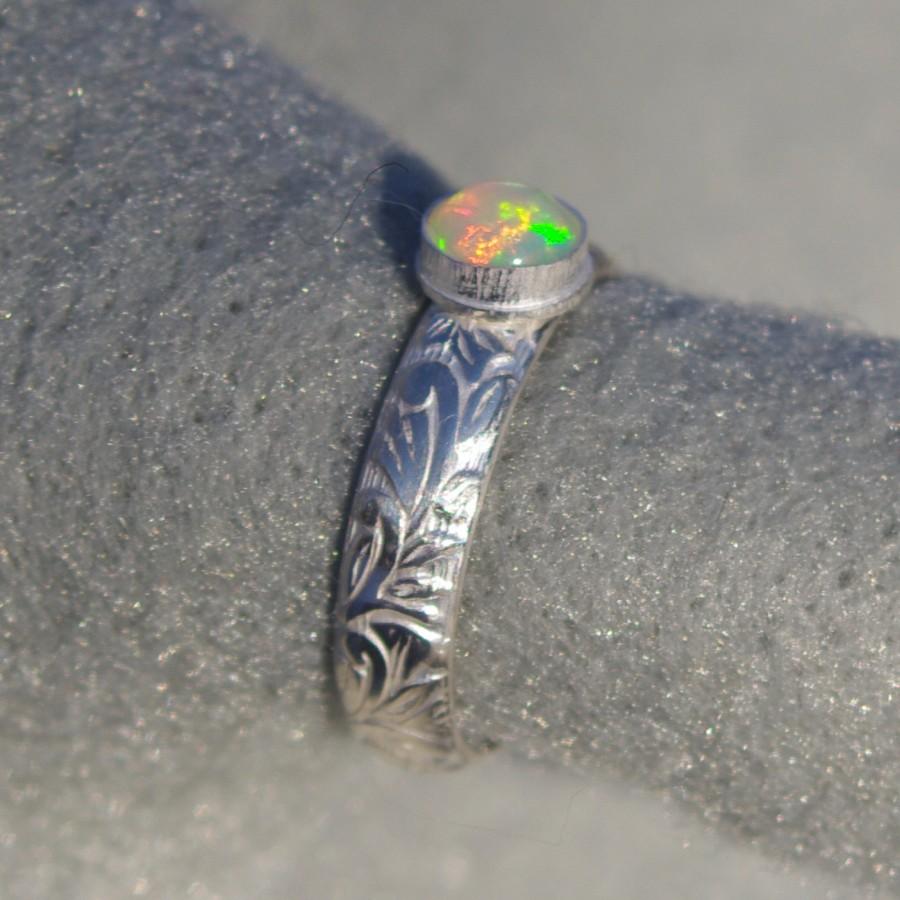 Wedding - Ethiopian Opal Ring, Art Nouveau Sterling Engagement Ring, floral band, organic hand forged, US size 5.5, 8 ready to ship, made in Alabama