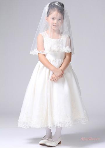 Wedding - Straps Lace Zipper Ruched Organza Sleeveless White Tea Length