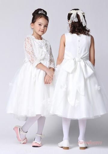 Свадьба - Bowknot Buttons Organza Lace 3/4 Length Sleeves White Tea Length
