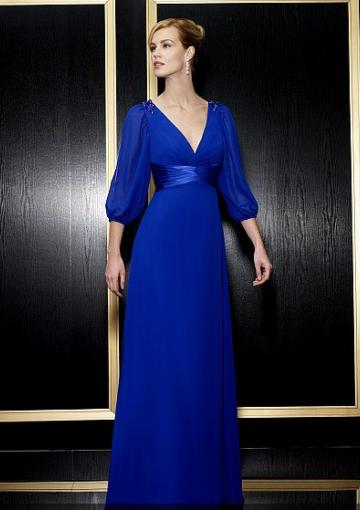 Hochzeit - V-neck V-back Blue 3/4 Length Sleeves Floor Length Chiffon