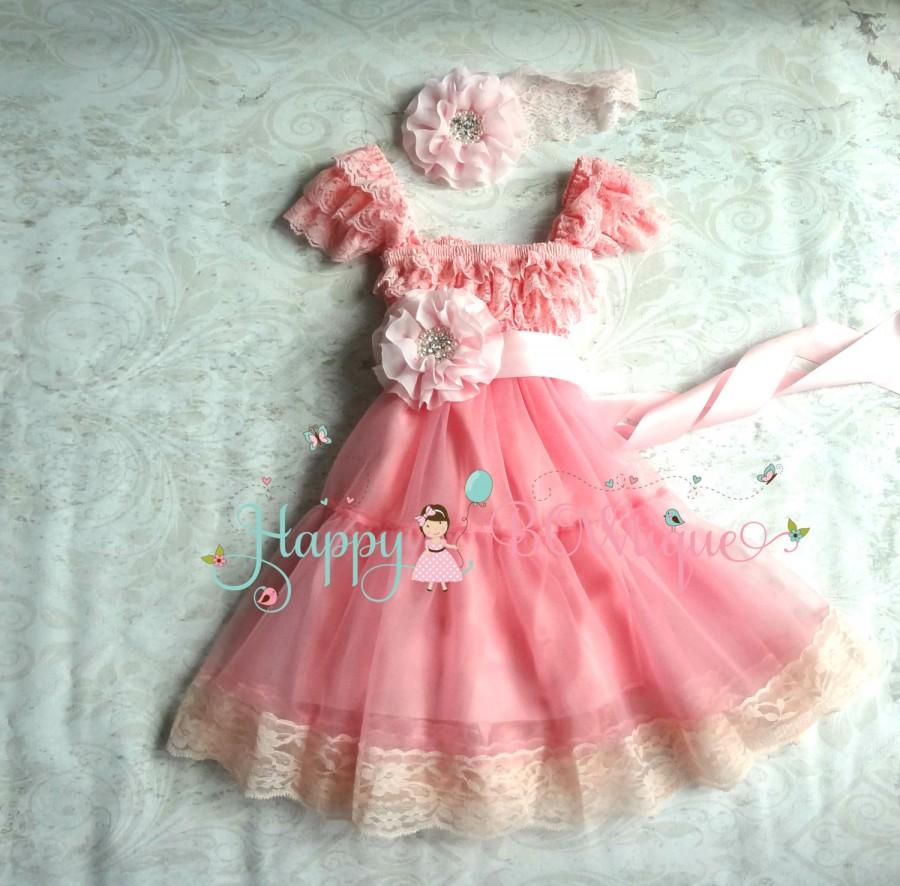 Wedding - Baby Girls' dress, Bubblegum Pink Chiffon Lace Dress set, baby girls clothing,1st Birthday dress, Flower girls dress, Girls Princess Dress