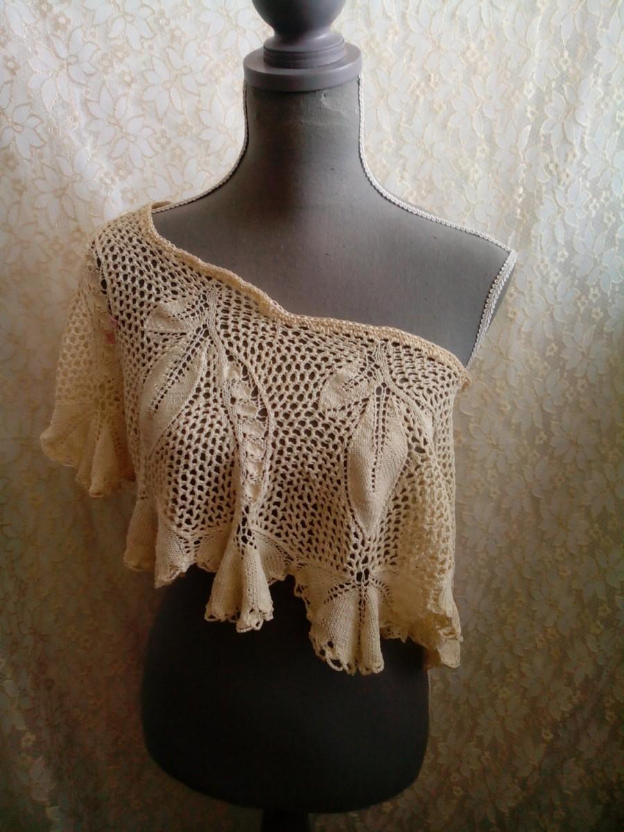 Mariage - Sale 20 % off/Ivory Bridal lace tattered cotton neclace/ capelet/OOAK/knitted rustic/Handmade/cottage chic,western chic,country western