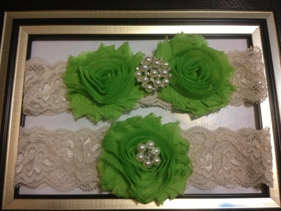 Wedding - Lime green Wedding Garter Set -  Beautiful Bridal Garter Set - Ivory Stretch Lace - lime green Shabby with Rhinestones