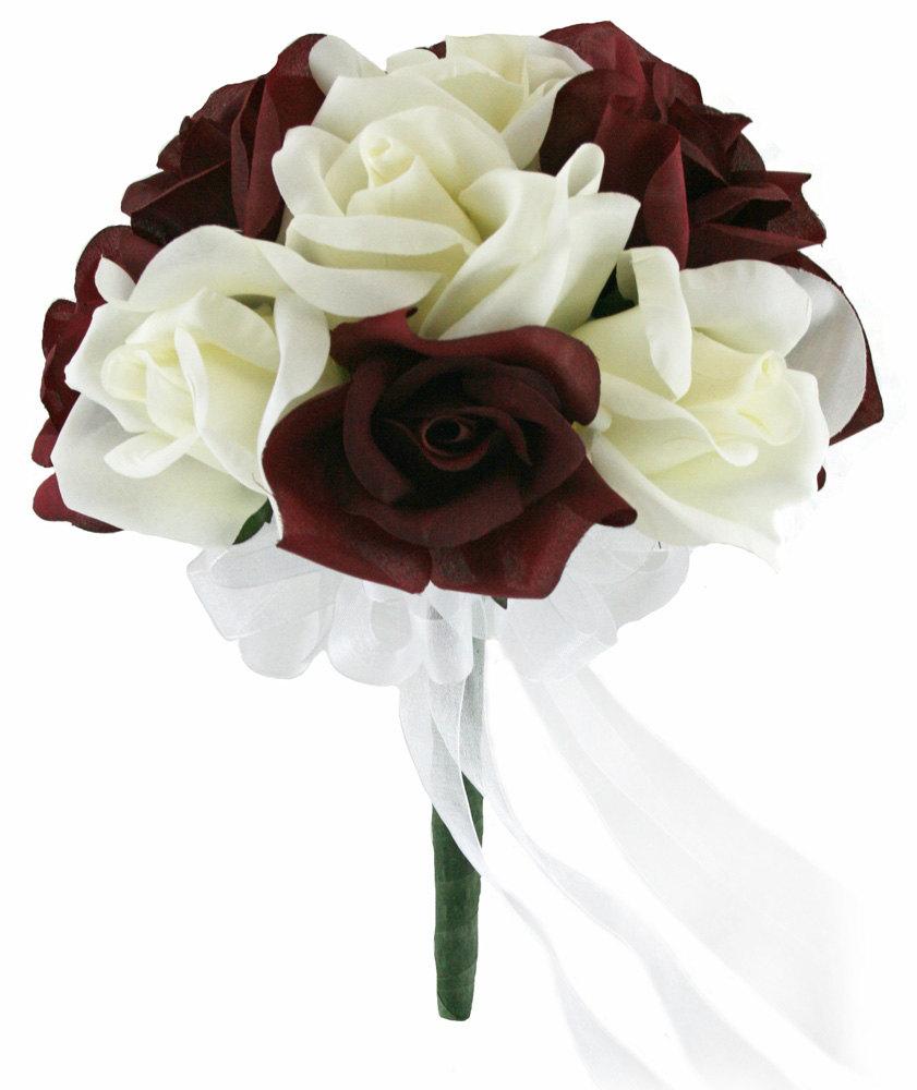 Wedding - Burgundy and Ivory Silk Rose Toss Bouquet - Silk Wedding Toss Bouquet